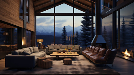 A double-height ceiling living room with a large, floor-to-ceiling window on one side log cabin....