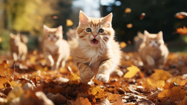 a group of cute cats running towards in autumn leaves leaf fall sunny day in the park