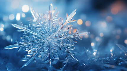 Macroscopic photo of snowflakes, ice crystals, deep blue color
