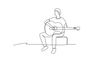 One continuous line drawing of male student was playing music with guitar. Simple practice minimalist concept, editable stroke.