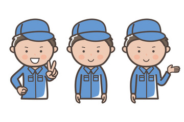 作業員、清掃員の上半身3ポーズセット_ピース_案内_説明