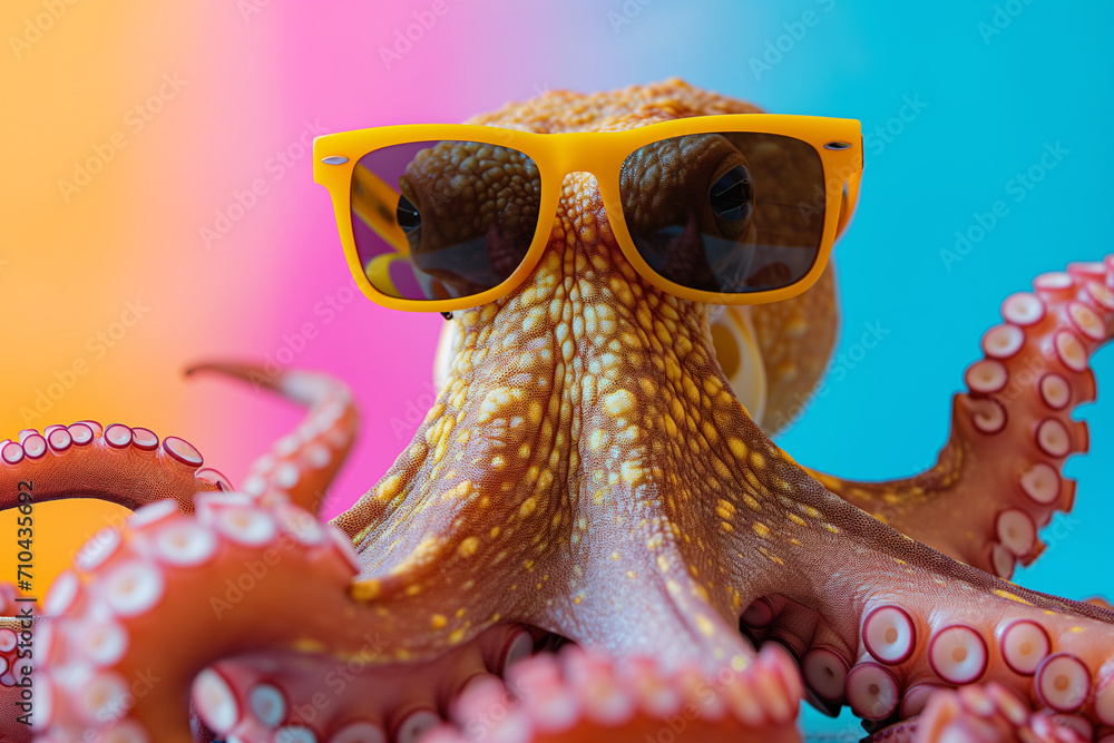 Poster charming octopus in glasses with smart eyes, with tentacles that spread across. Funny octopus wearing sunglasses in studio with a colorful and bright background. - Posters