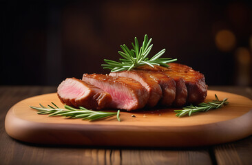 Meat steak fresh hot juicy medium roast with rosemary, delicious food concept, food delivery from the restaurant