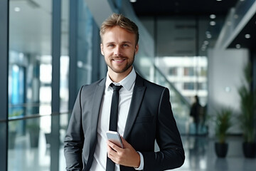 Fototapeta premium A handsome businessman with phone in the office.