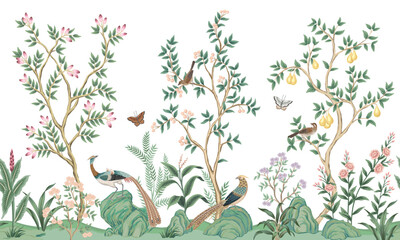 Vintage botanical garden tree, Chinese birds, stone, plant floral seamless border. Exotic chinoiserie mural.