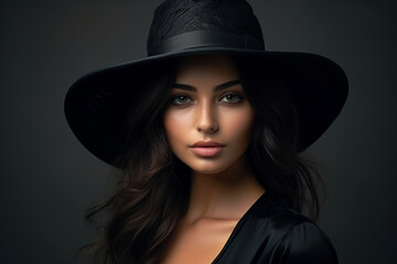 Fototapeta na wymiar Dramatic dark studio portrait of elegant and sexy young woman in black wide hat and black dress.