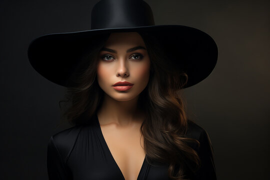 Dramatic dark studio portrait of elegant and sexy young woman in black wide hat and black dress.