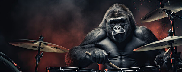 Fototapeta na wymiar Gorilla playing at drumms in a Band. Funny Gorilla rock band.
