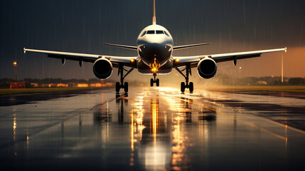 Passenger airplane takes off from the runway at evening