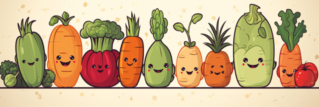 Happy healthy vegetables in a row Cartoon vegetable characters.