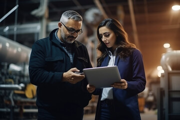 In Technology Research Facility: Female Project Manager Talks With Chief Engineer, they Consult Tablet Computer.