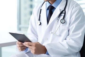 Male doctor using a digital tablet while sitting in the office.