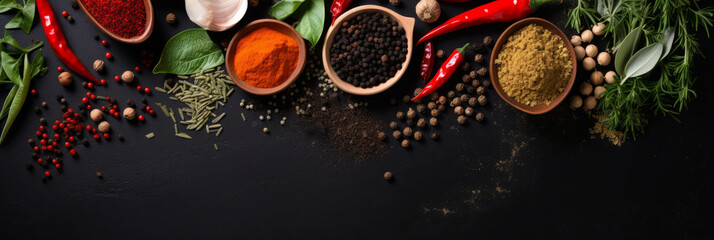 Herbs and spices for cooking on dark background. - Powered by Adobe