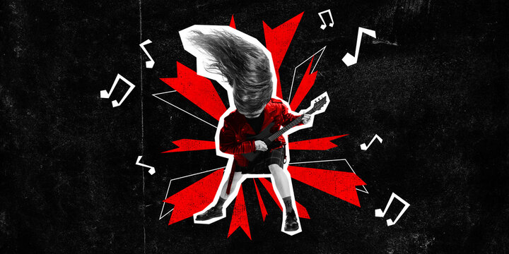 Poster. Contemporary art collage. Musical notes fly out energetically from crazy, loud music played by punk guitarist who joy of it. Concept of Rock-n-roll day, concert, festival. Magazine style.