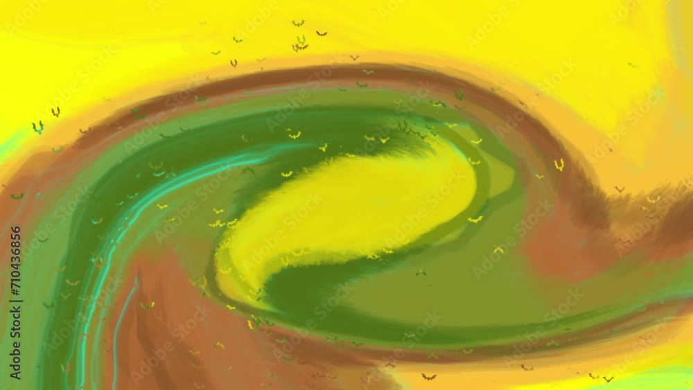 Poster seamless looping animation of abstract yellow and green water color background with swirl waves and 