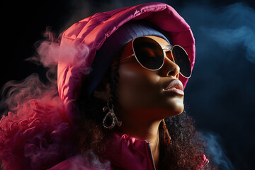 Neon profile portrait of young woman in sunglasses and hoodie. Studio shot with smoke in scene. - obrazy, fototapety, plakaty