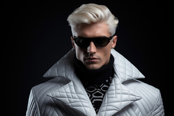 Obraz premium Portrait of fashion caucasian male model, in style of futurism fashion, black background.