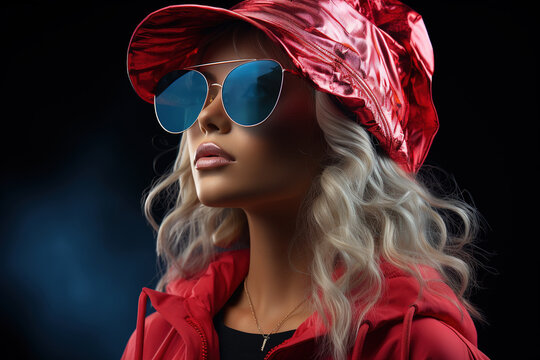 Neon profile portrait of young woman in sunglasses and hoodie. Studio shot with smoke in scene.
