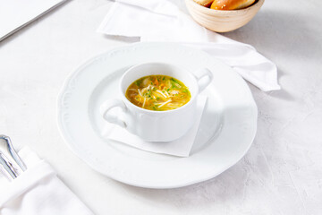 Chicken noodle soup, lunch in a cafe or at home