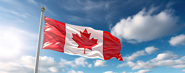 Canada flying flag on steel stick against blue sky.