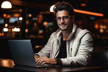 Positive emotions. Man in glasses is sitting by the laptop in dark room with neon lighting.