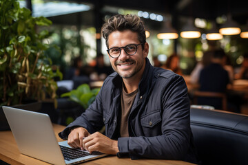 Obraz premium Satisfied young man with glasses sitting at a desk and doing paperwork at his workplace.