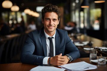 Satisfied young man with glasses sitting at a desk and doing paperwork at his workplace.