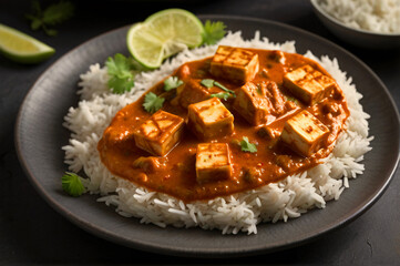 Rice with paneer butter masala on a plate.