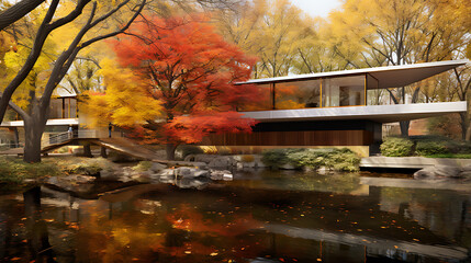 A modern architectural structure with sleek, horizontal, cantilevered levels that extend elegantly over a serene stream. It's autumn, and the foliage around the building has turned into a tapestry of 