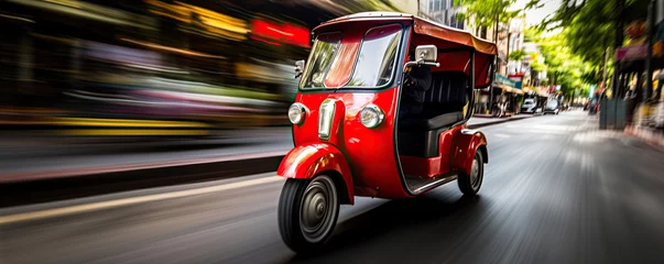Poster Red taxi in thailand. Tuk tuk wehicle for passangers. © Milan