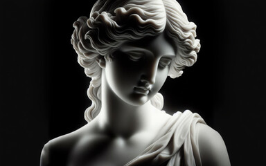 Ancient white marble sculpture head of young woman. Statue of sensual renaissance art era woman antique style. Face isolated on black background