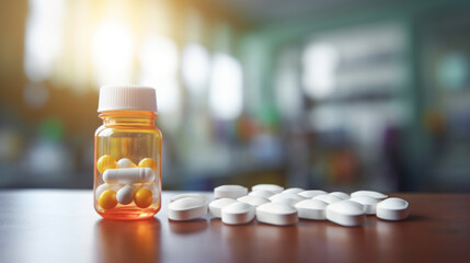 Pharmacy drugstore, blurred background, pills on the surface