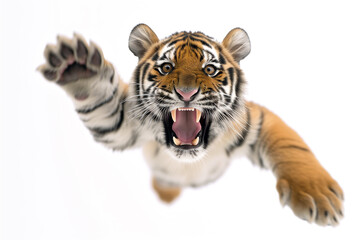 Bengal Tiger Jumping. Tiger in a jump with an open mouth and sharp teeth in full height. Dangerous, angry tiger. Bengal tiger flying during jump. - obrazy, fototapety, plakaty