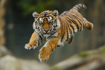 Obraz premium Bengal Tiger Jumping. Tiger in a jump with an open mouth and sharp teeth in full height. Dangerous, angry tiger. Bengal tiger flying during jump.