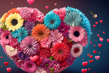 Heart made of multi-colored flowers. Valentine's Day card. For packaging, package design, wedding or print.