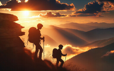 Obraz premium Mother and son watching the sunset at the mountains.