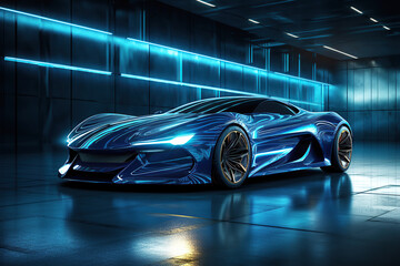 A sleek blue sports car with glowing lines and reflections sits in a dark, futuristic environment...