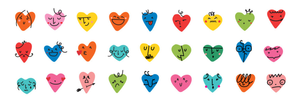 Groovy lovely hearts stickers. Love concept. Happy Valentines day. Funky happy heart character in trendy retro cartoon style. Vector illustration in bright colors.