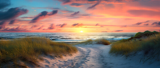 The magic of the beach path in an ultra-wide format, at dawn, a coastal dream feeling - obrazy, fototapety, plakaty