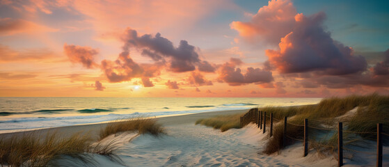The magic of the beach path in an ultra-wide format, at dawn, a coastal dream feeling