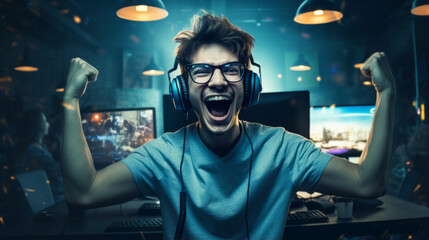 Cheerful funny professional gamer is celebrating victory