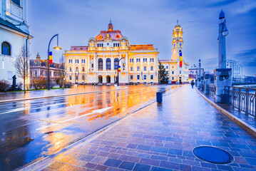 Oradea, Crisana - City Hall rainy day reflection, Transylvania, Romania destination. - obrazy, fototapety, plakaty