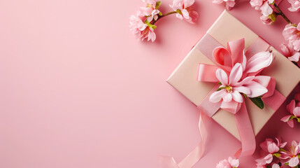 Elegant Gift with Pink Blossoms on Pastel Background