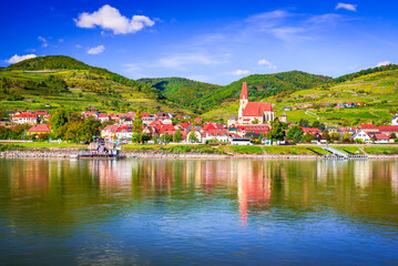 Weissenkirchen, Austria. Wachau Valley on Danube River, autumn colored landscape.