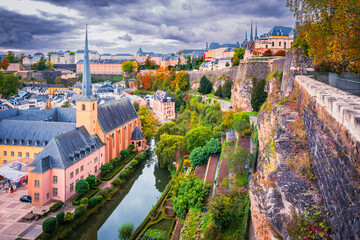 Luxembourg, Luxembourg City. Grund district on Alzette Valley, aerial view. - obrazy, fototapety, plakaty