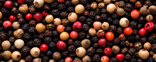 Four color peper or mixes peppercorns top view. - obrazy, fototapety, plakaty