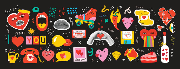 Set of stickers with halftone collage in contemporary punk grunge style for Valentine's day isolated on the background. Fun badges in retro style. Vector pictures of hearts, lips and other - obrazy, fototapety, plakaty
