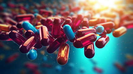 multicolored scattering of tablets capsules of antibiotics. - obrazy, fototapety, plakaty