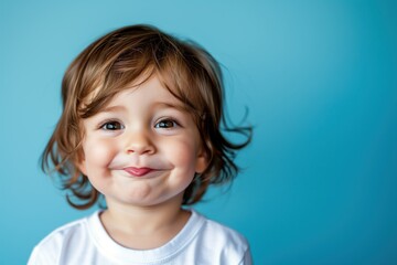 Naklejka premium Adorable Toddler with a Cheeky Smile on Blue Background. Generative AI.