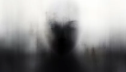 Fotobehang Mystical creepy creature in the shadows. Scary ghost human with smoke. Horror fantasy genre. Dark spirit . . Creepy short film for spooky Halloween . Monster, ghost, spiritual Abstract background © annebel146